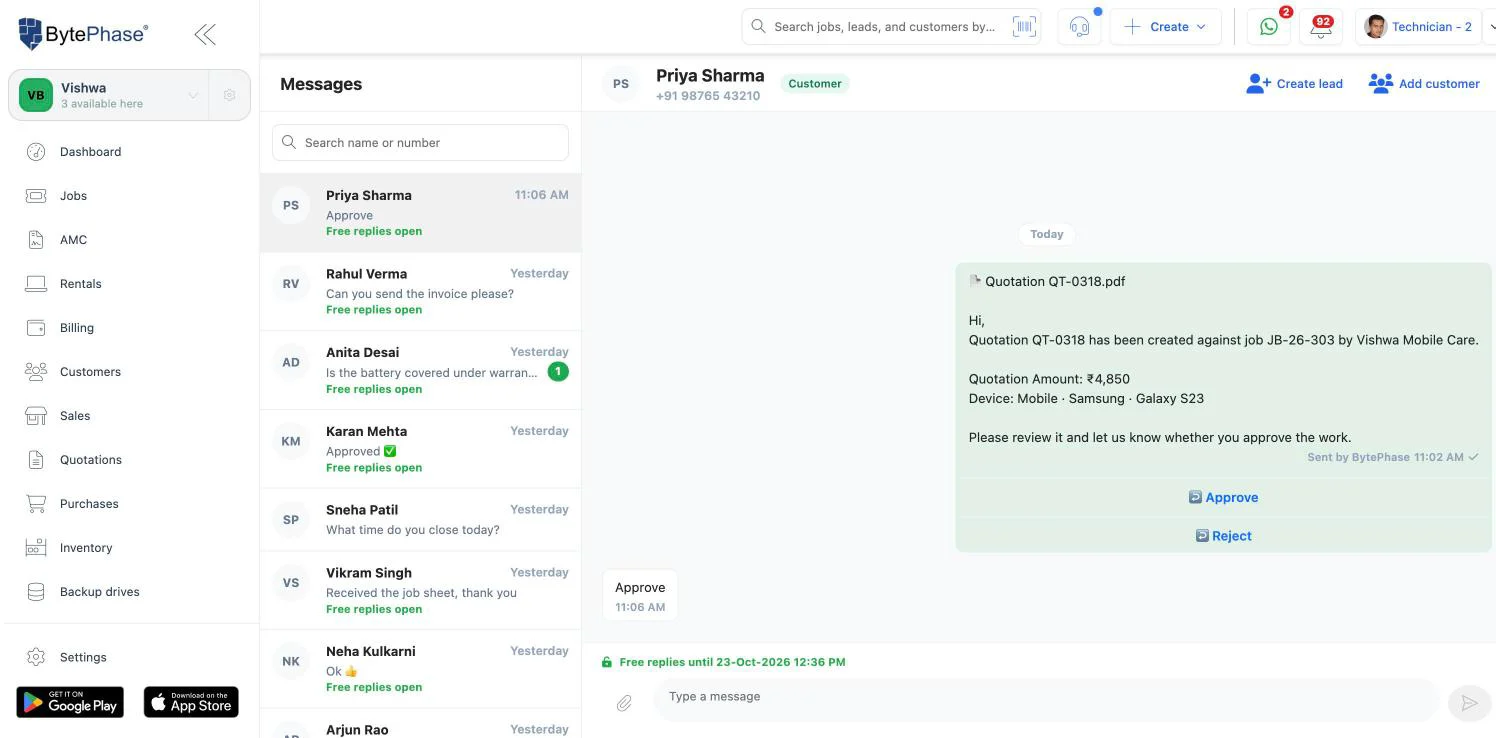BytePhase WhatsApp inbox with a quotation PDF sent with Approve and Reject buttons and the customer replying Approve