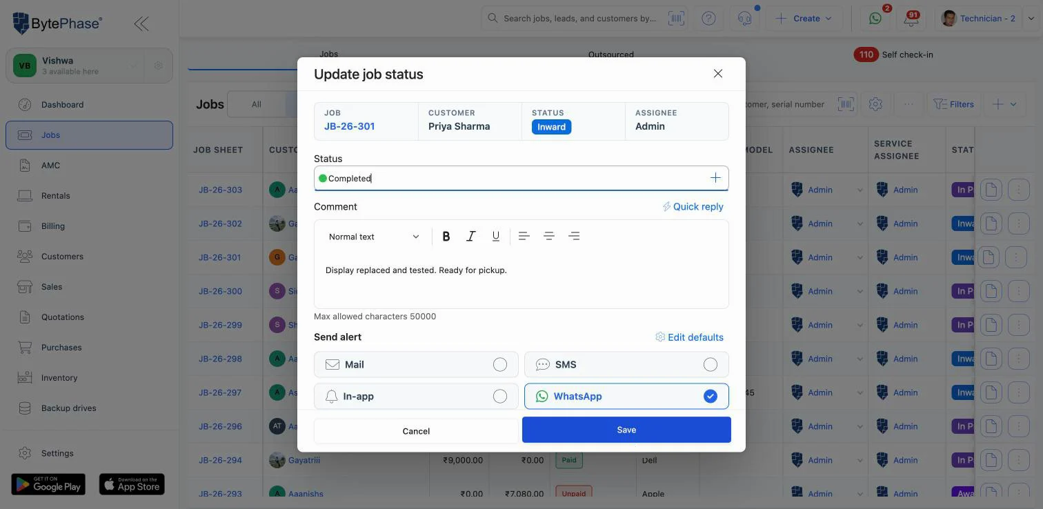 Updating a job status in BytePhase with WhatsApp ticked under Send alert