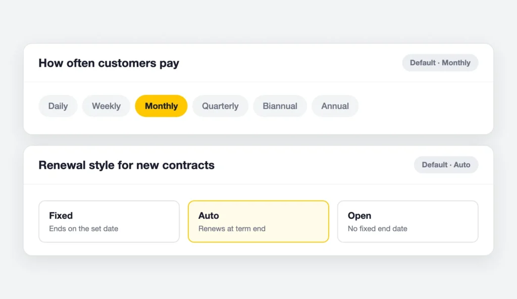 Rental settings billing defaults: how often customers pay and renewal style for new contracts