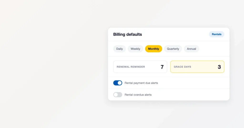 BytePhase rental settings panel showing billing defaults, renewal reminder and grace day controls