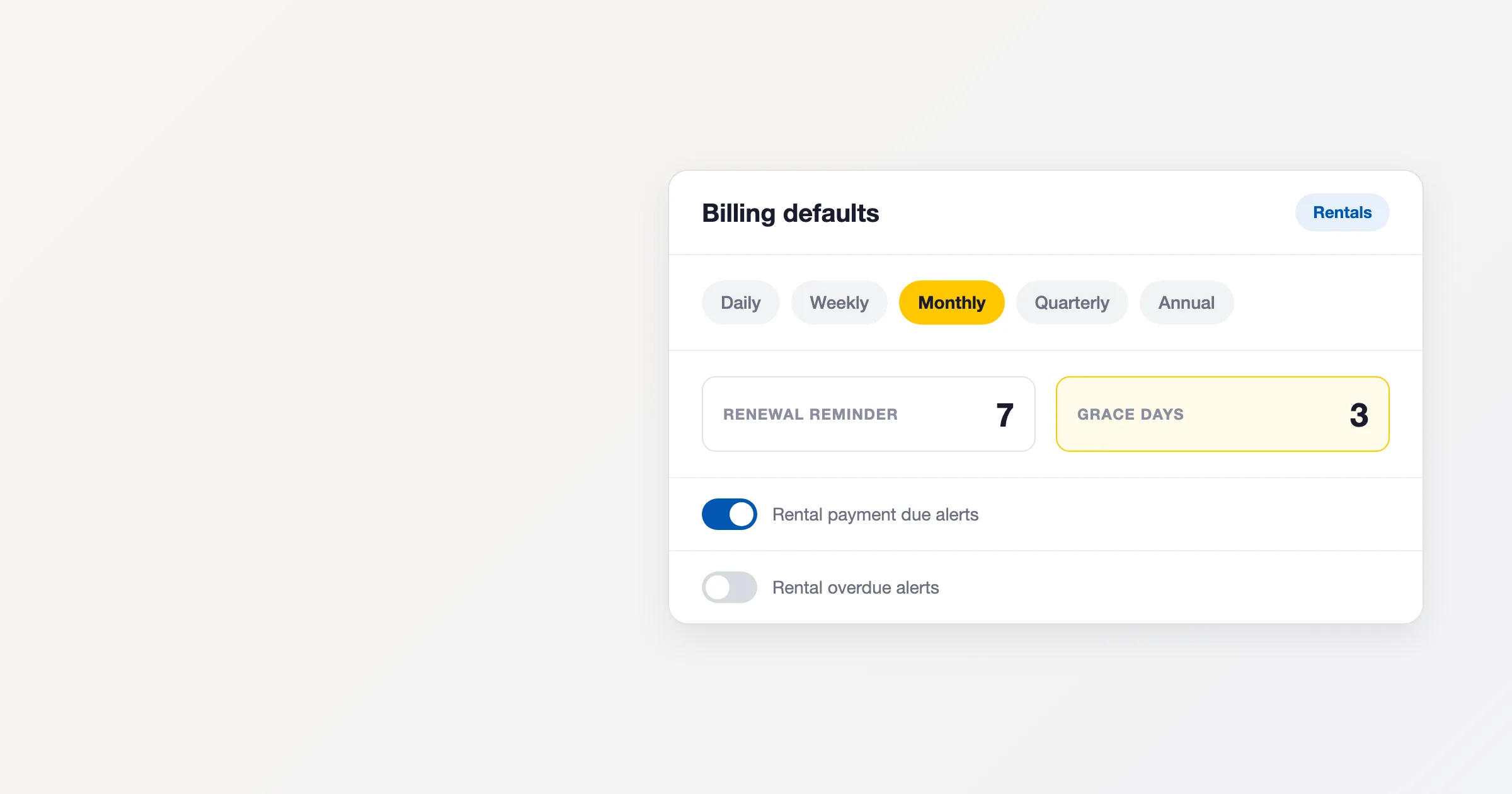 BytePhase rental settings panel showing billing defaults, renewal reminder and grace day controls