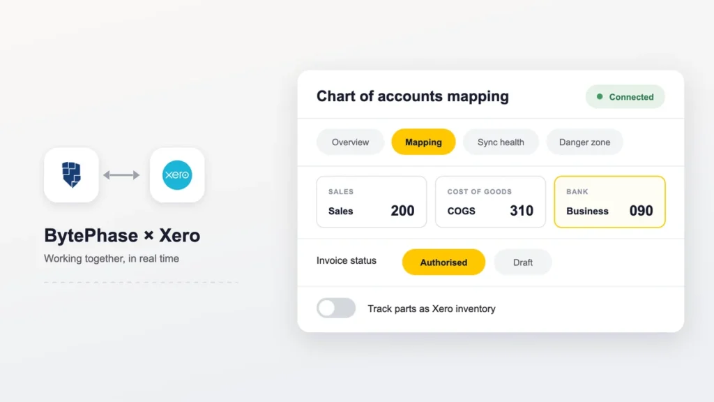 BytePhase and Xero logos beside the BytePhase Xero mapping screen showing the sales, cost of goods and bank accounts mapped and invoice status set to Authorised