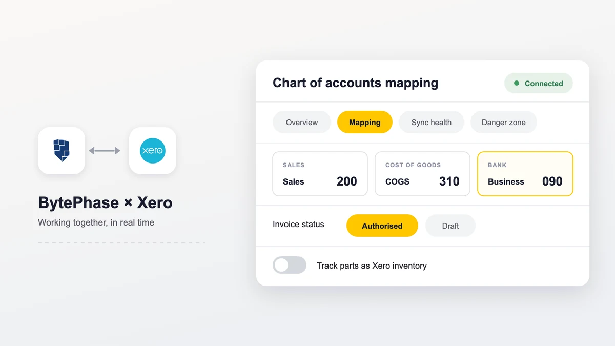 BytePhase and Xero logos beside the BytePhase Xero mapping screen showing the sales, cost of goods and bank accounts mapped and invoice status set to Authorised
